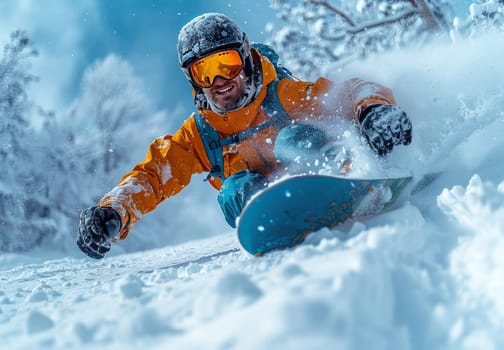 A snowboarder, clad in a bright orange jacket and blue pants, carves through a snow-covered slope with a flourish, creating a mesmerizing spray of powder. The bright blue sky and the frosty trees in the background create a picturesque setting for this winter wonderland adventure.