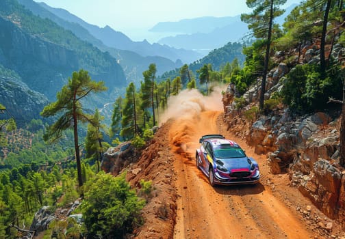 In the depths of the mountains, a Ford Fiesta rally car races down a dusty, rugged dirt road. The car maneuvers with precision, kicking up clouds of dust as it speeds through the challenging terrain.