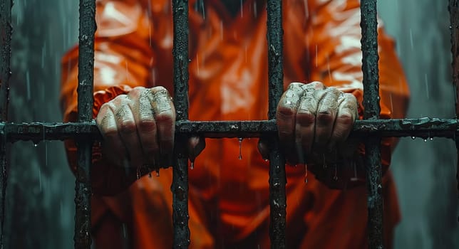 A close-up image of a prisoners hands gripping the bars of a cell. The prisoner is wearing an orange jumpsuit, and rain is falling outside the cell, creating a sense of confinement and isolation. The hands are dirty and the bars are rusty, emphasizing the harshness of the prison environment.