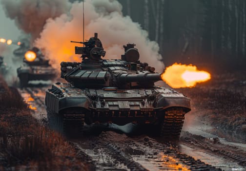 A tank rolls through a misty forest, firing its cannon. The muzzle flash is visible, and smoke trails behind the vehicle. The image captures the power and intensity of military operations.