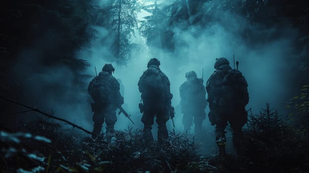 A group of soldiers in full combat gear stand guard in a dark forest, their silhouettes barely visible through the thick fog. The blue-tinged light emanating from an unknown source creates an eerie atmosphere, highlighting the danger and mystery surrounding their mission.