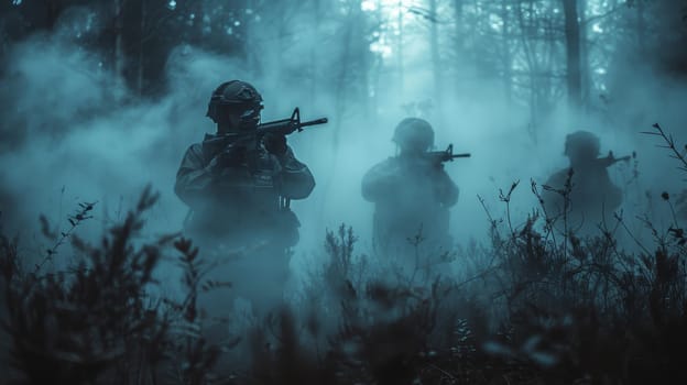 Three soldiers, armed with rifles, stand in a dense forest at night. The air is thick with fog, obscuring their features and creating a sense of mystery and danger. The scene is shot from a low angle, emphasizing the soldiers height and the imposing nature of the forest.