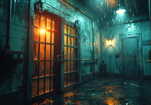 A dimly lit prison corridor with a wet, glistening floor and a barred door leading to a cell. Raindrops fall from the ceiling, creating an eerie and somber atmosphere. The hallway is lined with brick walls and faded paint, emphasizing the harshness of the prison environment.