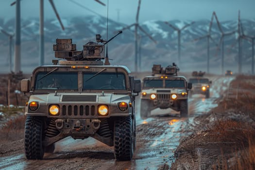 A convoy of American military Humvees drive along a muddy road, passing through a wind farm on a cloudy day. The vehicles are equipped with weapons and other tactical gear, suggesting they are on a mission or training exercise.