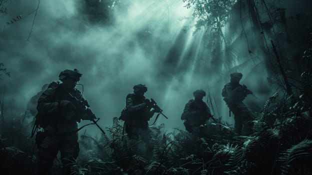 The image captures a group of soldiers in silhouette, standing guard on a jungle path shrouded in mist. The dense foliage and dappled sunlight create an atmosphere of mystery and tension. The soldiers weapons are visible, suggesting their vigilant stance.