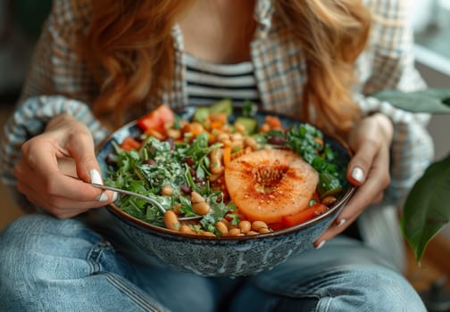 A woman sits on the floor, her hands delicately holding a bowl filled with a colorful, healthy salad. The salad features fresh greens, beans, a slice of melon, and other vegetables, creating a vibrant and appetizing scene. The natural light and the womans focused expression suggest a moment of quiet enjoyment and nourishment.