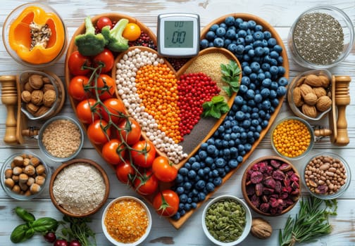 A vibrant heart shape is created with a selection of fresh fruits, vegetables, and grains. The heart is surrounded by additional bowls of various healthy ingredients, including nuts, seeds, and dried fruits. This image emphasizes the importance of a balanced diet and healthy lifestyle choices.