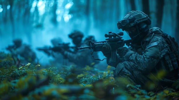 A group of soldiers, clad in camouflage, are positioned in a dense forest, their rifles aimed forward. The forest is shrouded in a blue mist, creating an ethereal and mysterious atmosphere. The soldiers faces are hidden behind masks and helmets, adding to the sense of secrecy and anticipation.