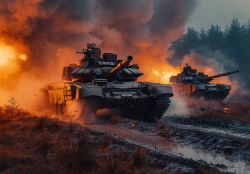 A powerful image captures two T-72 tanks maneuvering through a smoke-filled battlefield, their guns blazing as they engage the enemy. The fiery explosions in the background illuminate the scene, creating a dramatic and intense atmosphere.