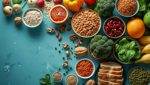A top-down view of a colorful array of healthy foods arranged on a vibrant blue background. The image features fresh fruits, vegetables, nuts, grains, and legumes, showcasing a balanced and nutritious meal.