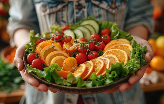 A persons hands carefully hold a wooden plate filled with a colorful array of fresh, healthy ingredients. Sliced oranges, cherry tomatoes, and cucumbers are arranged amongst a bed of leafy greens, showcasing the bounty of a market or garden. The image captures the essence of healthy eating and the natural beauty of fresh produce.