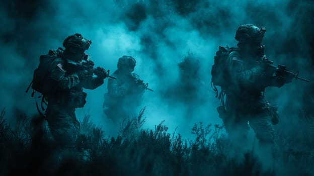 Three special forces soldiers are silhouetted in the mist, their weapons raised in a nighttime operation. The soldiers are wearing camouflage and carrying backpacks. The image was likely taken at night, as the background is dark and the only light source is coming from the soldiers headlamps and their weapons.
