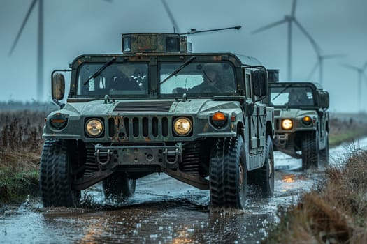 Three military Humvees drive on a muddy road, their headlights piercing the gloomy atmosphere. The vehicles, likely part of a special forces unit, navigate a challenging landscape, showcasing their rugged capability. Wind turbines stand in the background, adding to the sense of isolation and military operation.