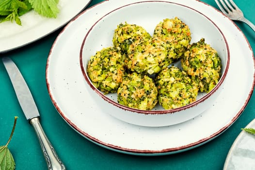 Vegetarian cutlets of stinging nettles leaves and broccoli. Nettle dishes.