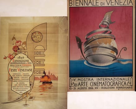 Venice, Italy - May 7, 2024:  60th Venice Art Biennale in Venice. Old posters advertising the Venice Biennale presented in the central pavilion in Giardini