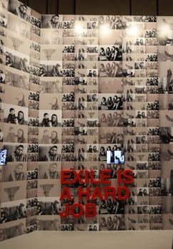 Venice, Italy - May 7 2024: Foreigners Everywhere 60th Venice Art Biennale in Venice. Video installation - Exile is hard job by Nil Yalter