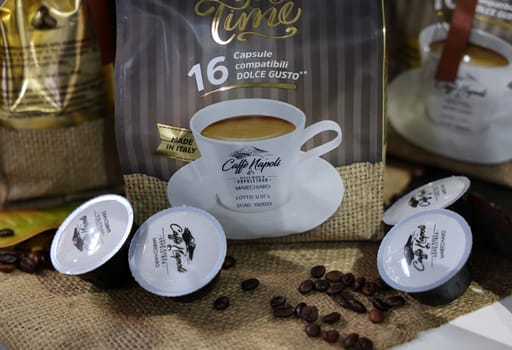 Cracow, Poland - November 3, 2021: Presentation of Italian Caffe Napoli at Enoexpo and Gastrofood - Trade Fair for Food and Drinks for Catering