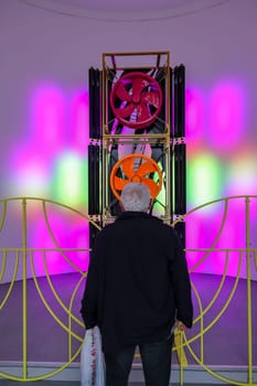Venice, Italy - May 7 2024: Foreigners Everywhere 60th Venice Art Biennale in Venice. Techno Zen designed by Márton Nemes at Hungarian Pavillon. Multisensory installation with audio, visual and interactive components