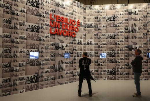 Venice, Italy - May 7 2024: Foreigners Everywhere 60th Venice Art Biennale in Venice. Video installation - Exile is hard job by Nil Yalter