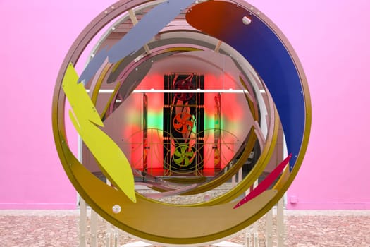 Venice, Italy - May 7 2024: Foreigners Everywhere 60th Venice Art Biennale in Venice. Techno Zen designed by Márton Nemes at Hungarian Pavillon. Multisensory installation with audio, visual and interactive components