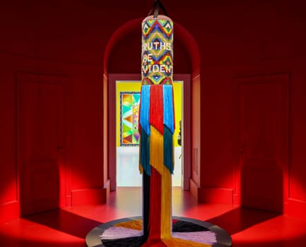 Venice, Italy - May 7 2024: Foreigners Everywhere 60th Venice Art Biennale in Venice. The space in wchich to place me by Jeffrey Gibson at USA Pavillon.