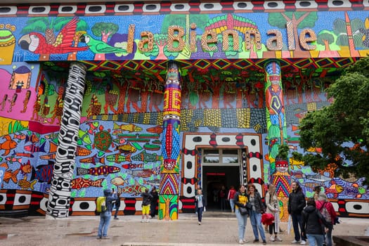 Venice  Italy - May 7 2024: The colorful facade of the Biennale Central Pavilion located in Giardini in Venice. Italy