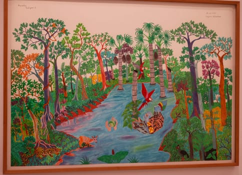 Venice, Italy - May 7 2024: Foreigners Everywhere 60th Venice Art Biennale in Venice. Laguna Misterioso by Aycoobo /Wilson Rodriguez/. Acrylic on paper.