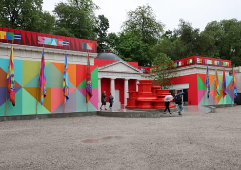 Venice, Italy - May 7 2024: Foreigners Everywhere 60th Venice Art Biennale in Venice. The space in wchich to place me by Jeffrey Gibson at USA Pavillon.