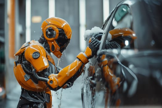 Humanoid robot at manual car wash station cleaning car with active foam.