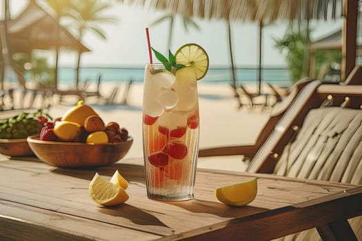 Glass with a drink, garnished with lemon slices and fresh berries - on a table on the sandy beach by the water