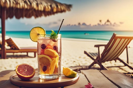 Beach table with a glass of beverage - with lemon and berries, against a seascape and sunlight