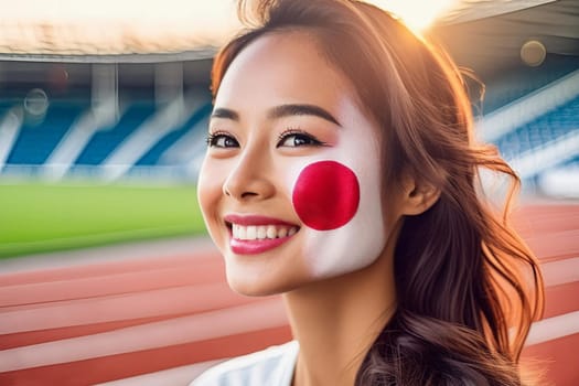 Happy asian young woman in sports stadium with Japanese flag painted on her face.