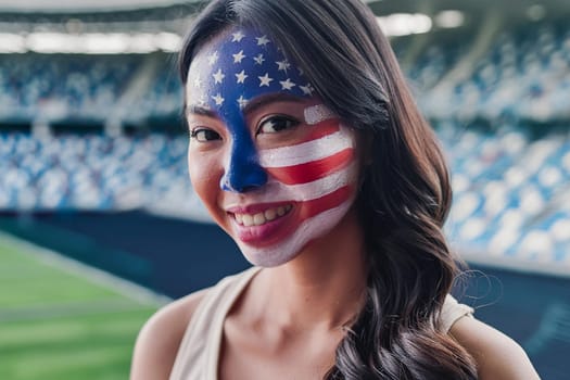 Smiling happy American athlete in sports stadium. The national flag of the United States is painted on her face.