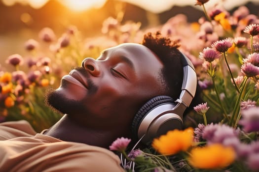 Happy black young man lying on lawn among flowers in the light of setting sun and listening to music in headphones.
