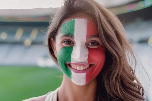 A happy woman cheering for the Italian team at the stadium. The Italian flag is painted on her face.