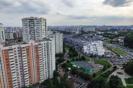 Top view of the city of Moscow, buildings and roads and other infrastructure of the city. Cityscape view from above.