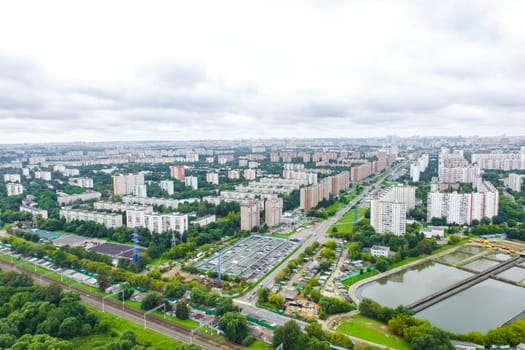 Top view of the city of Moscow, buildings and roads and other infrastructure of the city. Cityscape view from above.
