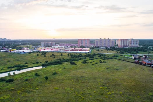 Top view of the city of Moscow, buildings and roads and other infrastructure of the city. Cityscape view from above.