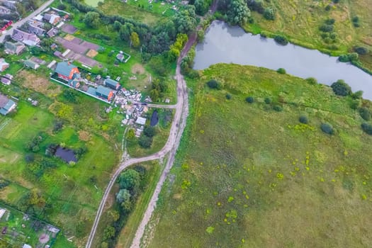 Top view of the village, fields and forests near the village