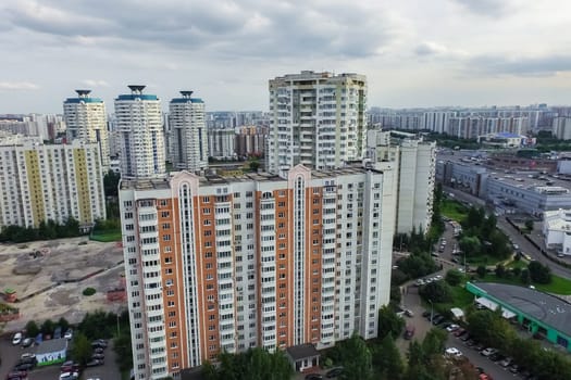Top view of the city of Moscow, buildings and roads and other infrastructure of the city. Cityscape view from above.