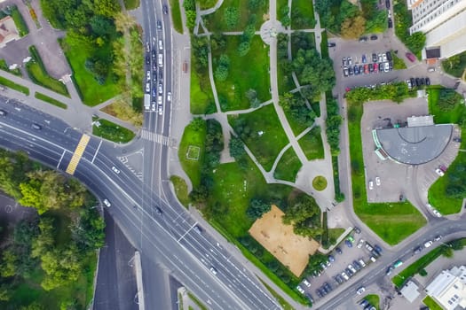 Top view of the city of Moscow, buildings and roads and other infrastructure of the city. Cityscape view from above.