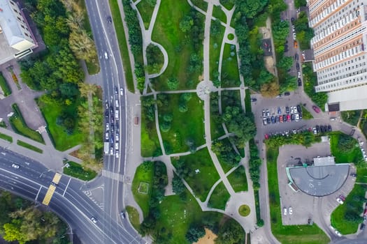 Top view of the city of Moscow, buildings and roads and other infrastructure of the city. Cityscape view from above.