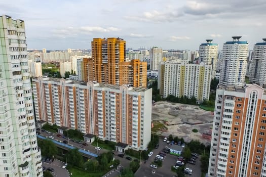 Top view of the city of Moscow, buildings and roads and other infrastructure of the city. Cityscape view from above.