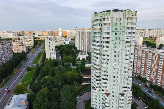 Top view of the city of Moscow, buildings and roads and other infrastructure of the city. Cityscape view from above.