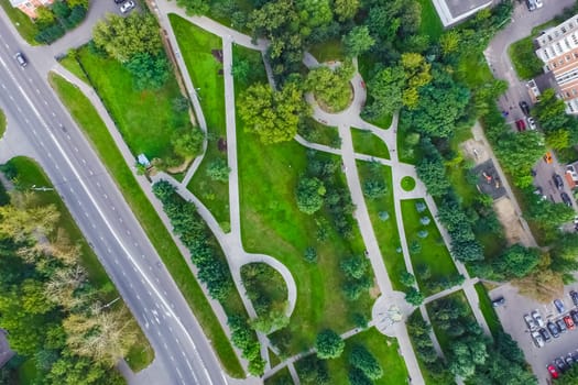 Top view of the city of Moscow, buildings and roads and other infrastructure of the city. Cityscape view from above.