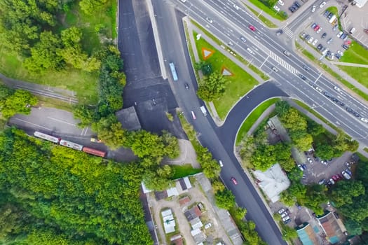 Top view of the city of Moscow, buildings and roads and other infrastructure of the city. Cityscape view from above.