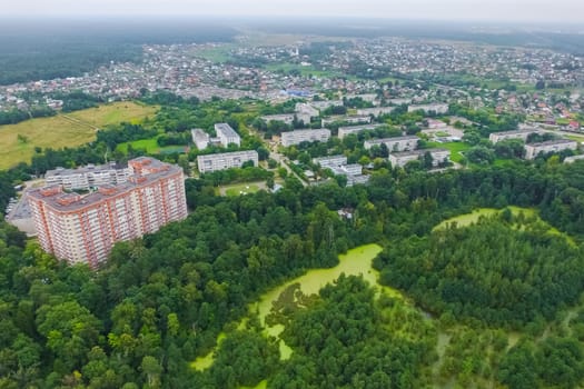 Top view of the village, fields and forests near the village