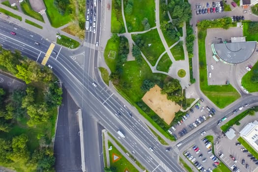 Top view of the city of Moscow, buildings and roads and other infrastructure of the city. Cityscape view from above.