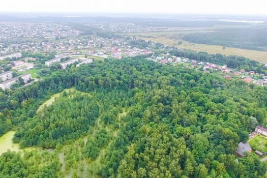 Top view of the village, fields and forests near the village