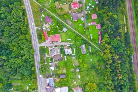 Top view of the village, fields and forests near the village